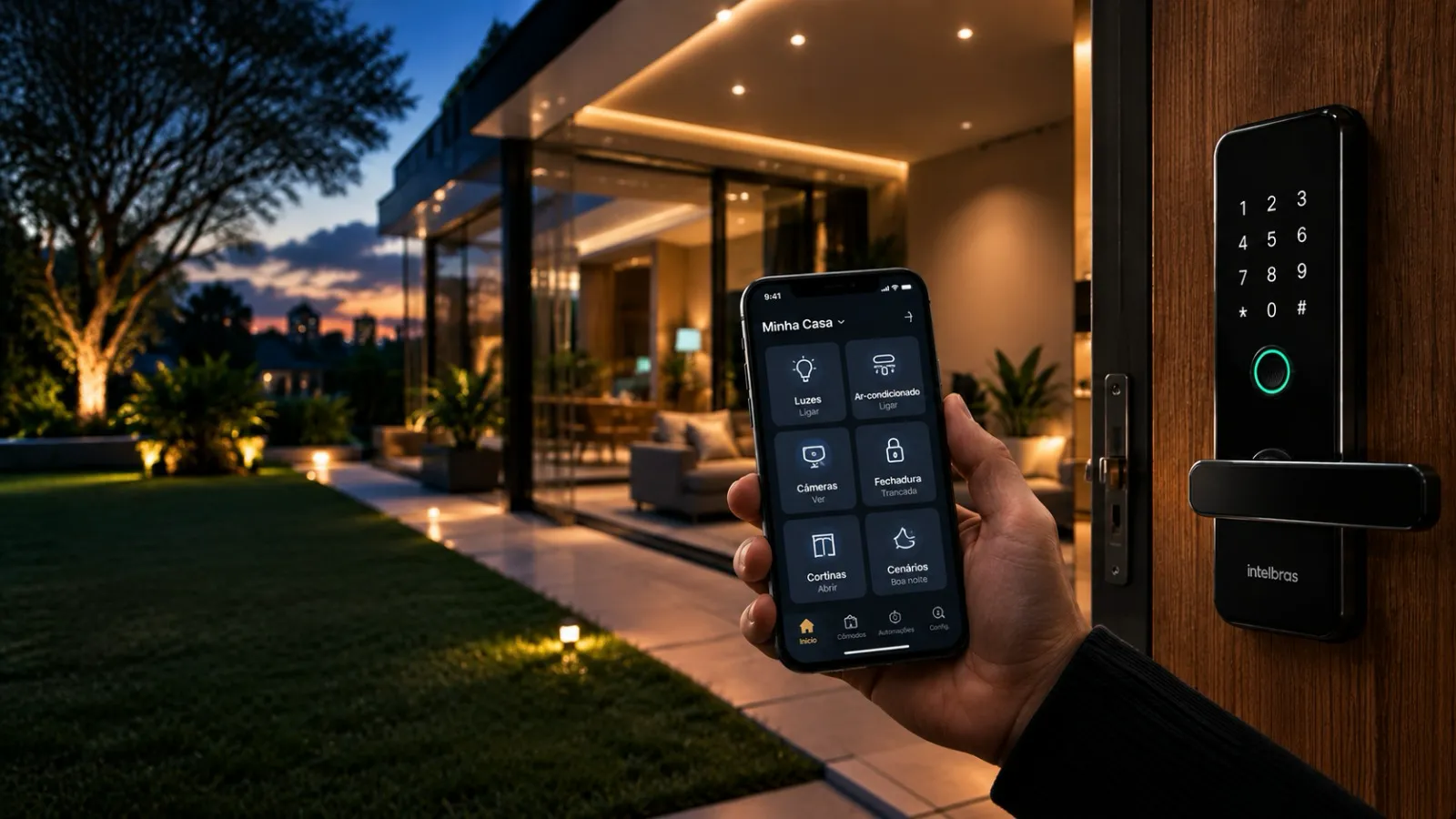 Fechadura digital Intelbras instalada em porta de madeira, com o app de automação da casa aberto no celular
